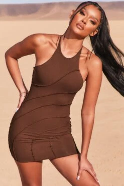 New Cut Petite Exposed Seam Halter Neck Mini Dress In Brown -Women Clothes Shop 3736 6 new cut brown halter cross back exposed seam mini dress