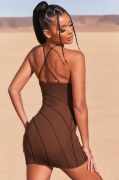 New Cut Petite Exposed Seam Halter Neck Mini Dress In Brown -Women Clothes Shop 3736 8 new cut brown halter cross back exposed seam mini dress