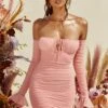 Bardot Ruched Mesh Mini Dress In Blush 1 Bardot Ruched Mesh Mini Dress In Blush -Women Clothes Shop 3892 3 feel the frill blush tie bust long sleeve double layered ruched mini dress 1