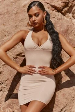 Halter Neck Mini Dress In Beige -Women Clothes Shop 3895 3 its a wrap beige plunge v neck halter mini dress 1