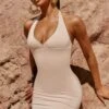 Halter Neck Mini Dress In Beige 2 Halter Neck Mini Dress In Beige -Women Clothes Shop 3895 5 its a wrap beige plunge v neck halter mini dress 1