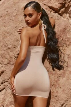 Halter Neck Mini Dress In Beige -Women Clothes Shop 3895 8 its a wrap beige plunge v neck halter mini dress 1