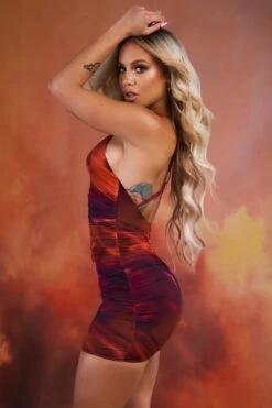 Crossover Ruched Mesh Mini Dress In Orange -Women Clothes Shop 3940 5 out of this world orange tie dye mesh key hole wrapped front ruched mini dress 1