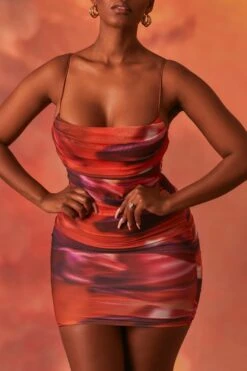 Lunar Sleeveless Bodycon Ruched Mesh Mini Dress In Orange -Women Clothes Shop 3960 10 lunar orange strap bust flattering ruched mini dress