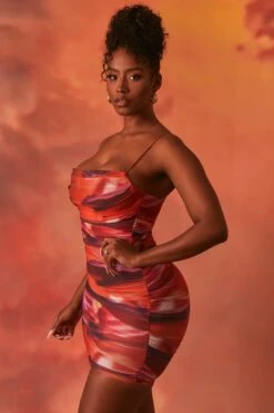 Lunar Sleeveless Bodycon Ruched Mesh Mini Dress In Orange -Women Clothes Shop 3960 11 lunar orange strap bust flattering ruched mini dress