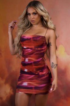 Lunar Sleeveless Bodycon Ruched Mesh Mini Dress In Orange -Women Clothes Shop 3960 1 lunar orange strap bust flattering ruched mini dress 2