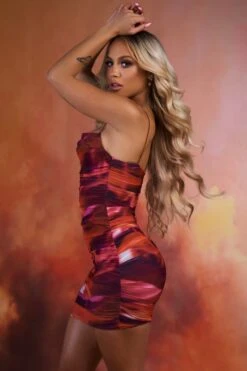 Lunar Sleeveless Bodycon Ruched Mesh Mini Dress In Orange -Women Clothes Shop 3960 3 lunar orange strap bust flattering ruched mini dress 2