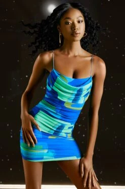 Cowl Neck Ruched Mini Dress In Blue Print -Women Clothes Shop 3960 5 lunar blue print mesh ruched mini dress 1