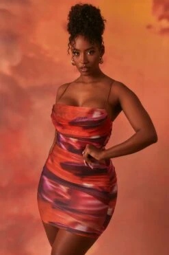 Lunar Sleeveless Bodycon Ruched Mesh Mini Dress In Orange -Women Clothes Shop 3960 8 lunar orange strap bust flattering ruched mini dress