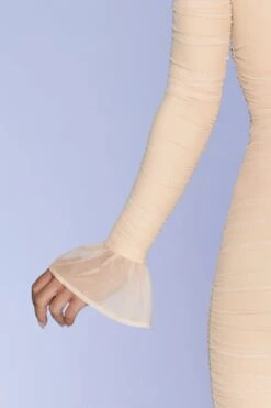 Ruched Mesh Cut Out Mini Dress In Sand -Women Clothes Shop 3985 10 True For You Sand Bust Flattering Keyhole Long Bell Sleeve Ruched Mini Dress