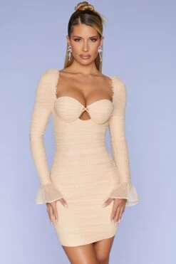 Ruched Mesh Cut Out Mini Dress In Sand -Women Clothes Shop 3985 4 True For You Sand Bust Flattering Keyhole Long Bell Sleeve Ruched Mini Dress
