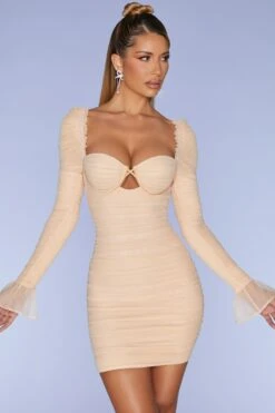 Ruched Mesh Cut Out Mini Dress In Sand -Women Clothes Shop 3985 6 True For You Sand Bust Flattering Keyhole Long Bell Sleeve Ruched Mini Dress