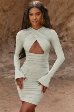 Cut Out Long Sleeve Mini Dress In Khaki -Women Clothes Shop 4018 3 unravel me khaki long sleeve cross over keyhole front double layered ruched mini dress 1