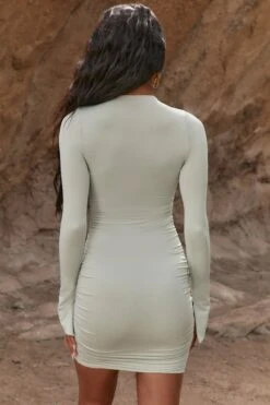 Cut Out Long Sleeve Mini Dress In Khaki -Women Clothes Shop 4018 6 unravel me khaki long sleeve cross over keyhole front double layered ruched mini dress 1