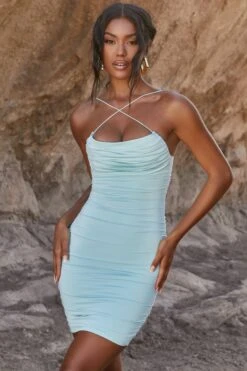 Cross Strap Ruched Mini Dress In Aqua -Women Clothes Shop 4026 3 cowl hearted aqua ruched cross strap mini dress