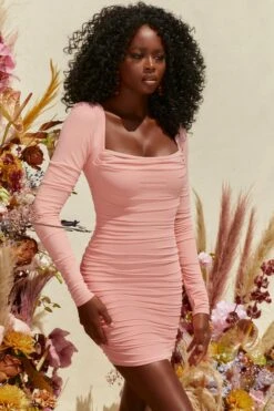 Long Sleeve Mesh Mini Dress In Blush -Women Clothes Shop 4034 2 long lasting blush ruched bodycon mini dress 1