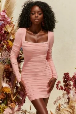 Long Sleeve Mesh Mini Dress In Blush -Women Clothes Shop 4034 6 long lasting blush ruched bodycon mini dress 1