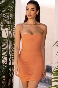 Ruched Hoop Back Mini Dress In Caramel -Women Clothes Shop 4042 4 desert dreams caramel ruched strappy open back mini dress