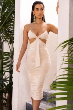 Get The Glow Cut Out Ruched Midi Dress In Cream -Women Clothes Shop 4047 7 get the glow cream ruched tie up front midi dress