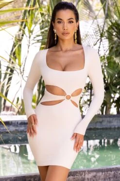 Cut Out Long Sleeve Mini Dress In Cream