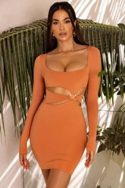 Cut Out Long Sleeve Mini Dress In Caramel -Women Clothes Shop 4051 6 sunset haven caramel cut open front hoop detailing long sleeve mini dress