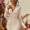 Long Sleeve Ruched Mini Dress In Ivory -Women Clothes Shop 4060 4 take the lead ivory long sleeved collared v neck ruched mini dress 1