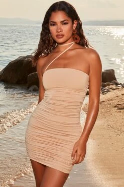 Collar Strap Ruched Mini Dress In Beige