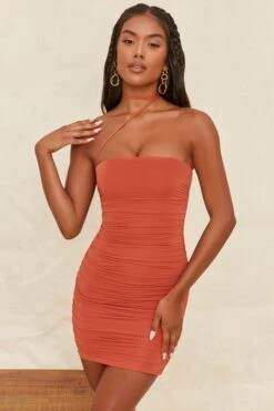 Collar Strap Ruched Mini Dress In Rust -Women Clothes Shop 4069 3 dont desert me rust ruched chocker bodycon minidress