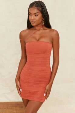 Collar Strap Ruched Mini Dress In Rust -Women Clothes Shop 4069 4 dont desert me rust ruched chocker bodycon minidress