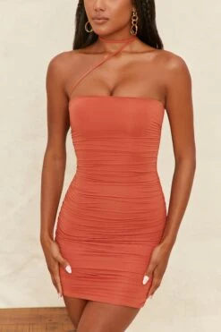 Collar Strap Ruched Mini Dress In Rust -Women Clothes Shop 4069 6 dont desert me rust ruched chocker bodycon minidress