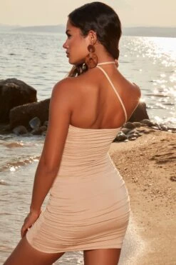 Collar Strap Ruched Mini Dress In Beige -Women Clothes Shop 4069 8 dont desert me beige tie up neck ruched mini dress