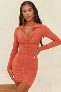 Collar Button Down Mini Dress In Rust -Women Clothes Shop 4078 1 stay in paradise rust button up ruched long sleeve mini dress