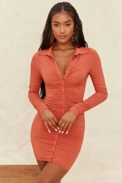 Collar Button Down Mini Dress In Rust -Women Clothes Shop 4078 2 stay in paradise rust button up ruched long sleeve mini dress