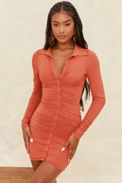 Collar Button Down Mini Dress In Rust