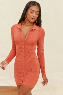 Collar Button Down Mini Dress In Rust -Women Clothes Shop 4078 4 stay in paradise rust button up ruched long sleeve mini dress