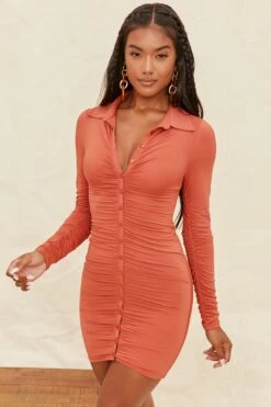 Collar Button Down Mini Dress In Rust -Women Clothes Shop 4078 5 stay in paradise rust button up ruched long sleeve mini dress