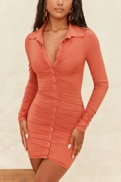 Collar Button Down Mini Dress In Rust -Women Clothes Shop 4078 6 stay in paradise rust button up ruched long sleeve mini dress