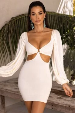 Balloon Sleeve Cut Out Mini Dress In Cream -Women Clothes Shop 4193 2 midnight oasis cream bust flattering lazer cut detail front long sleeve mini dress