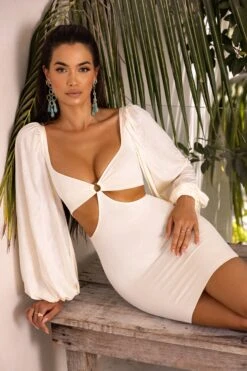Balloon Sleeve Cut Out Mini Dress In Cream -Women Clothes Shop 4193 9 midnight oasis cream bust flattering lazer cut detail front long sleeve mini dress