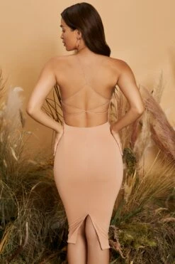 Round Neck Cross Back Midi Dress In Tan -Women Clothes Shop 4227 11 back to you tan racer front cross back strappy midi dress