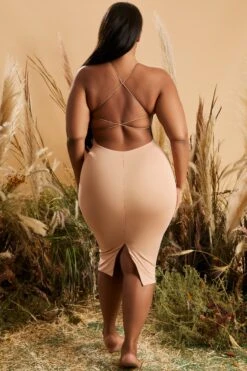 Round Neck Cross Back Midi Dress In Tan -Women Clothes Shop 4227 8 back to you tan racer front cross back strappy midi dress