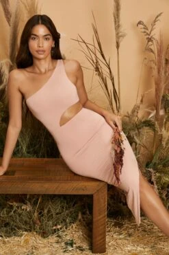 One Shoulder Asymmetric Midaxi Dress In Blush -Women Clothes Shop 4231 11 one sided blush asymmetric cut out one shoulder midi dress