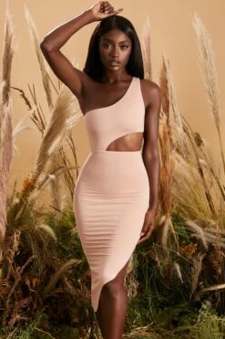 One Shoulder Asymmetric Midaxi Dress In Blush -Women Clothes Shop 4231 2 one sided blush asymmetric cut out one shoulder midi dress