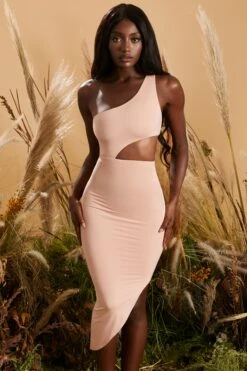 One Shoulder Asymmetric Midaxi Dress In Blush -Women Clothes Shop 4231 4 one sided blush asymmetric cut out one shoulder midi dress