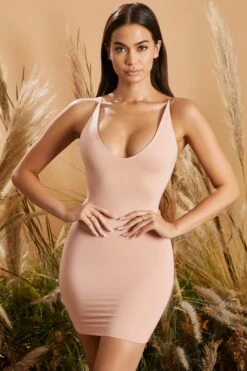 Plunge Neck Mini Dress In Blush -Women Clothes Shop 4253 2 high and low blush plunge neck strappy cross back mini dress