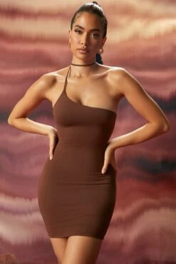 One Shoulder Choker Mini Dress In Brown -Women Clothes Shop 4259 3 dreaming of you brown wrap neck one shoulder mini dress
