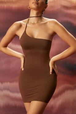 One Shoulder Choker Mini Dress In Brown -Women Clothes Shop 4259 4 dreaming of you brown wrap neck one shoulder mini dress