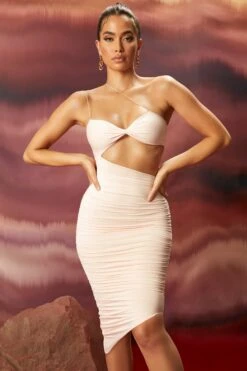 Ruched Asymmetric Midi Dress In Blush -Women Clothes Shop 4273 4 close to you blush choker detail ruched keyhole mini dress 1