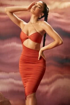 Ruched Asymmetric Midi Dress In Rust