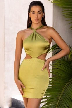 Knot Detail Halter Neck Satin Mini Dress In Olive 19 Knot Detail Halter Neck Satin Mini Dress In Olive -Women Clothes Shop 4305 1 sunshine solitude olive satin gathered tie racer front cut out mini dress